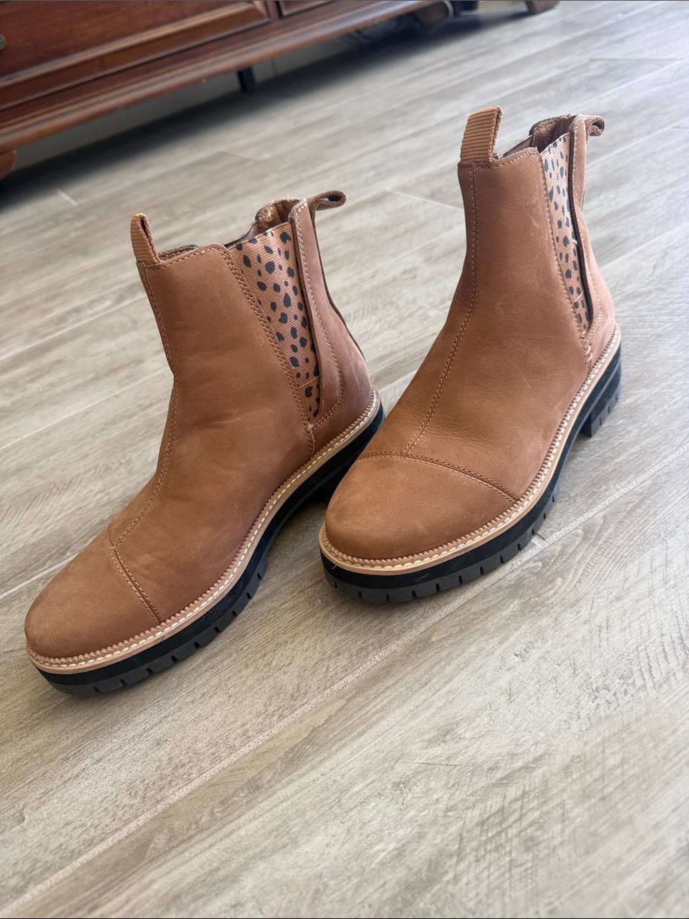 Toms Tan Chelsea Booties with Leopard Print Panel